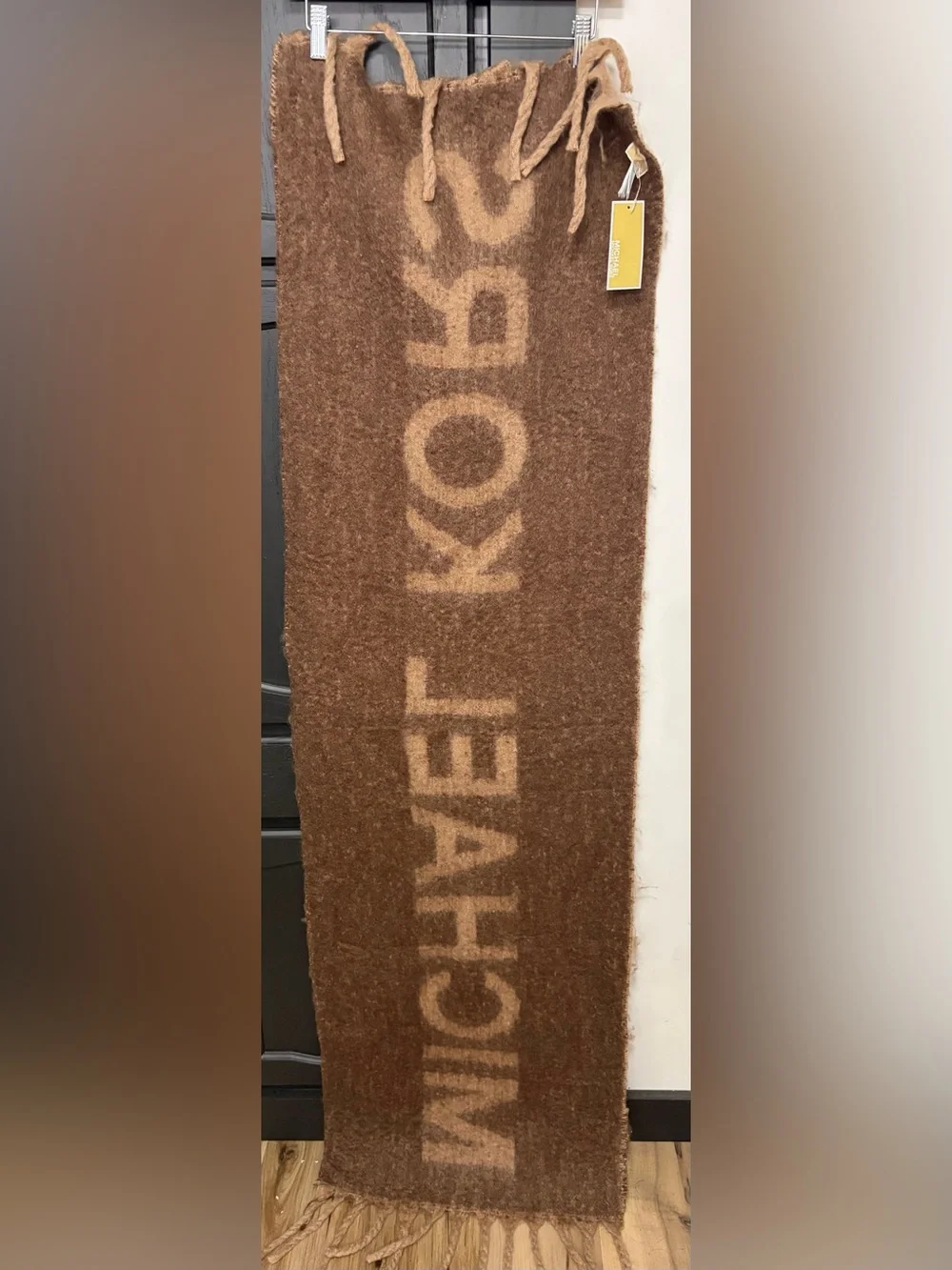 Michael Kors Oversized Logo Knit Fringe Wrap Scarf NWT brown tan soft